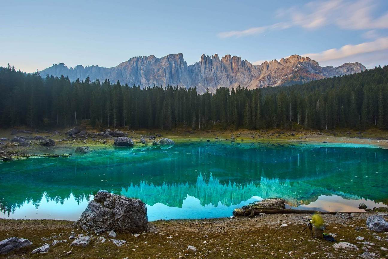 Carezza lake Lago di Carezza, Karersee with Mount Latemar, Bolzano province, South tyrol, Italy. Landscape of Lake Carezza or Karersee and Dolomites in background, Nova Levante, Bolzano, Italy.